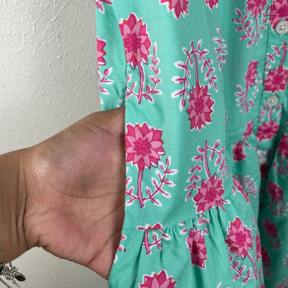 J.Crew Womens Floral Puff Sleeve Button Front Mini Dress Teal Pink Size 2 - Picture 2 of 9